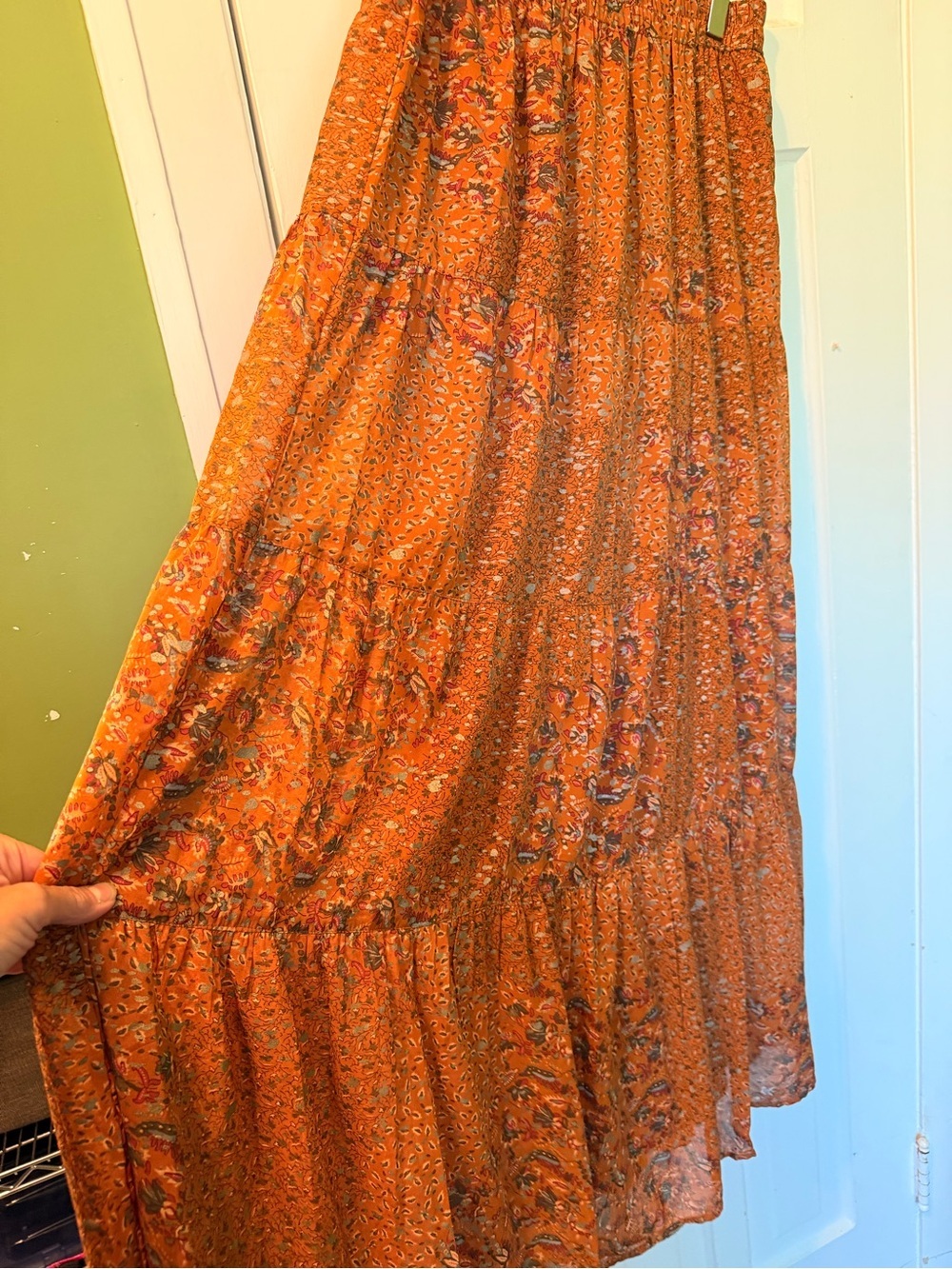 Elan Rust Orange Floral Tiered Maxi Boho Skirt - Picture 2 of 16